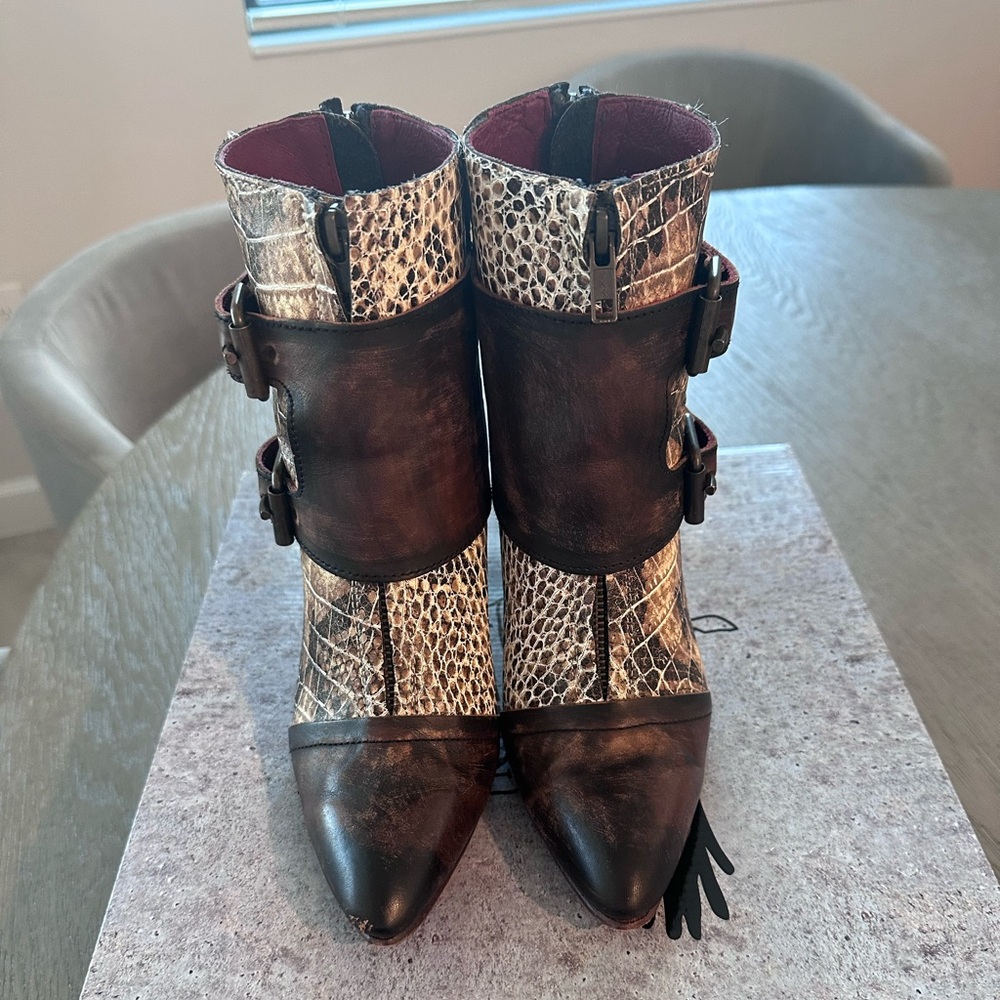 Freebird by Steven Brown & Cream Snakeskin Ankle Boots